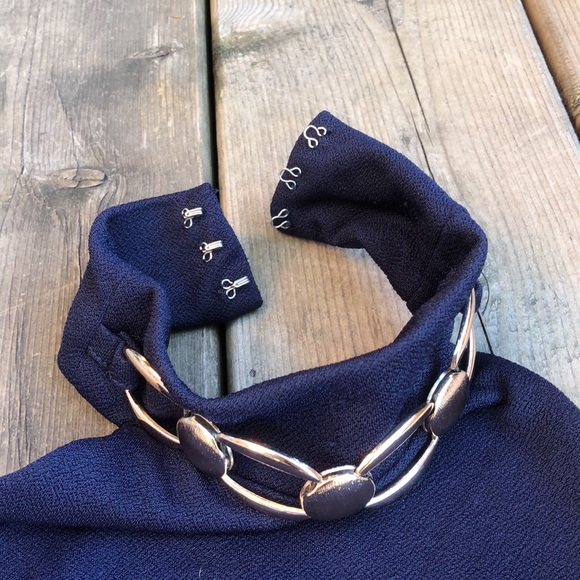 High Neck Navy Blue Party Top w/ Built in Gold Necklace SIRENS (Size S) - Picture 3 of 7